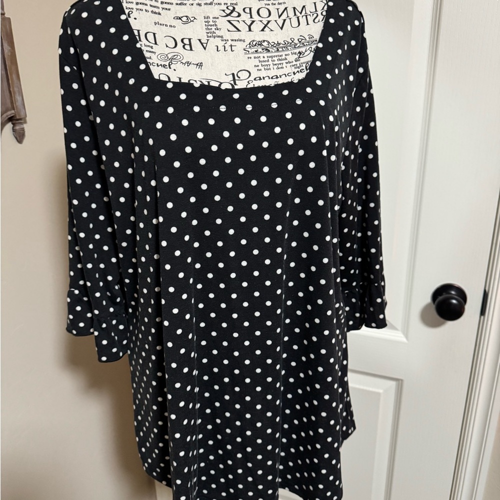 Zenana XXL Black White Polka Dot Square Neck Ruffle Sleeve Tunic Top EUC